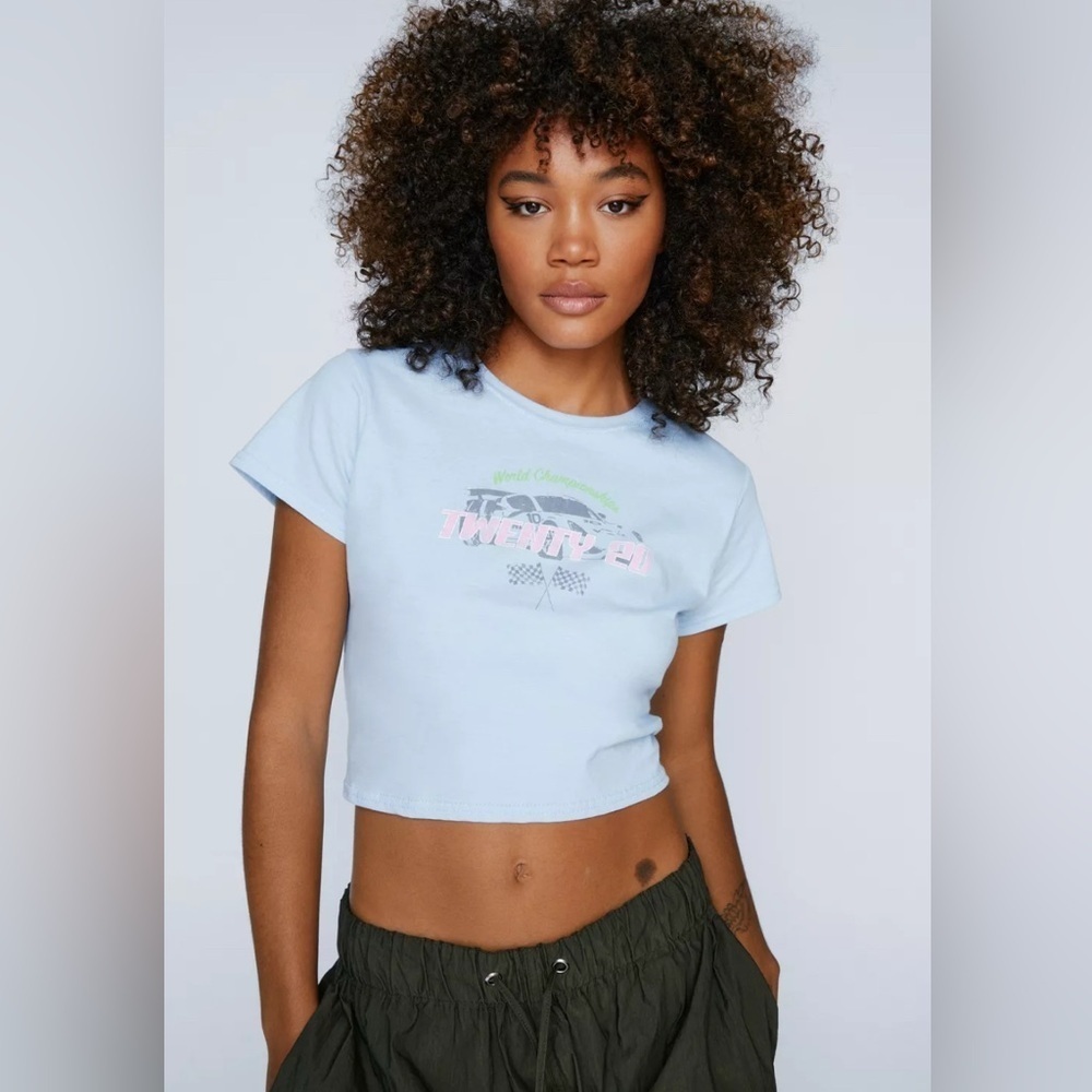 Nasty Gal Blue Fitted Crop T-Shirt Small